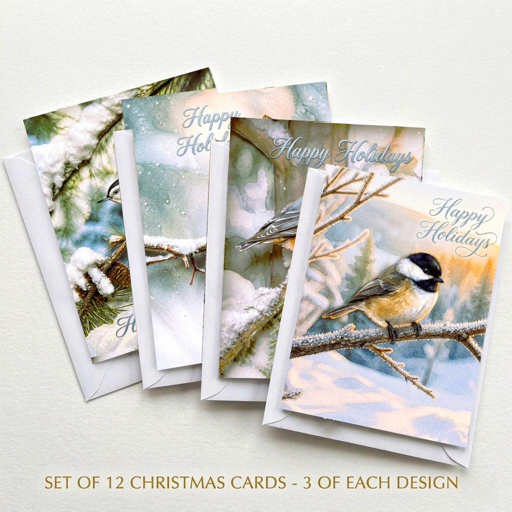 Set of 12 winter bird Christmas cards with four snowy designs and white envelopes
