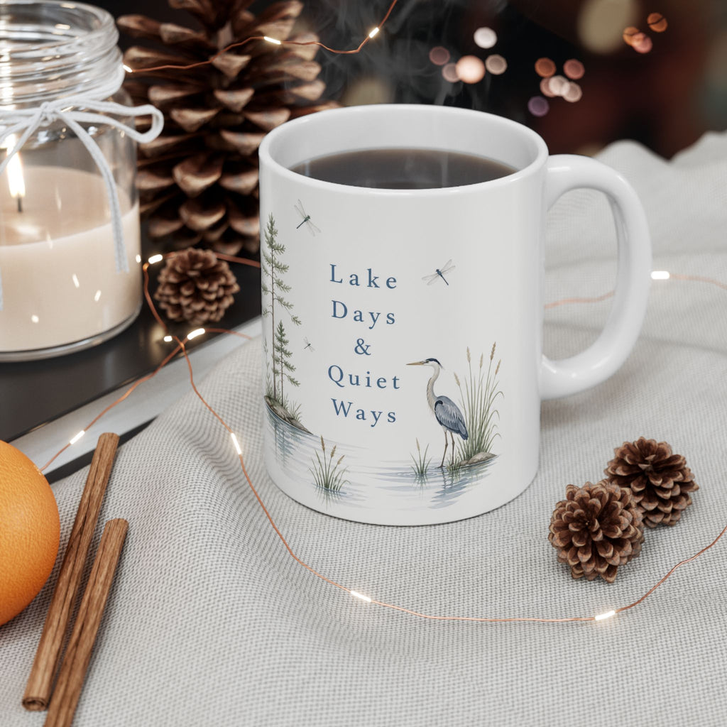 Lakefront Wildlife Ceramic Mug — Heron & Pines Nature Coffee Cup (11oz, 15oz)