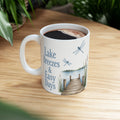Lake Breezes & Easy Days Ceramic Mug — Lakeside Dock Scene Coffee Cup (11oz/15oz)