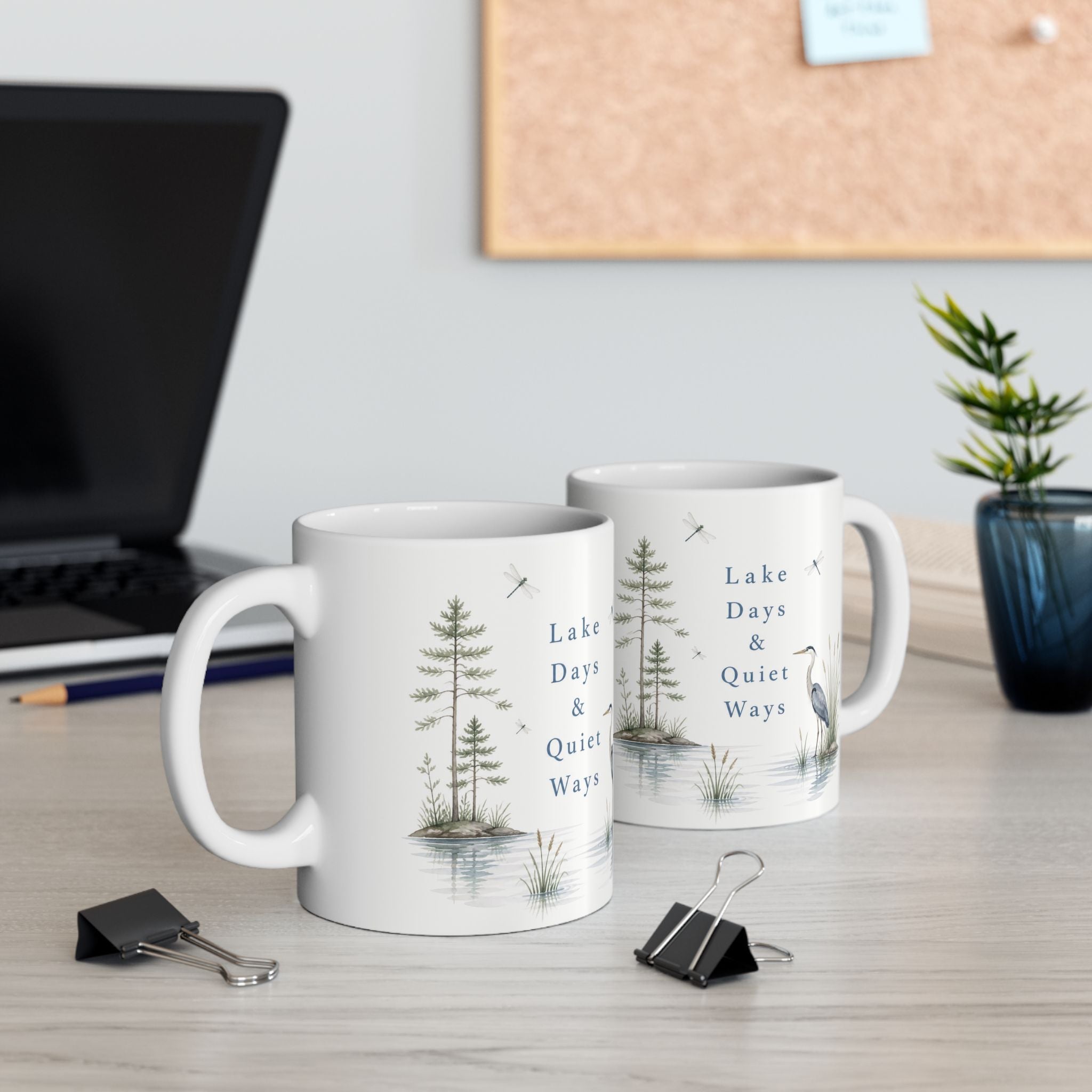 Lakefront Wildlife Ceramic Mug — Heron & Pines Nature Coffee Cup (11oz, 15oz)