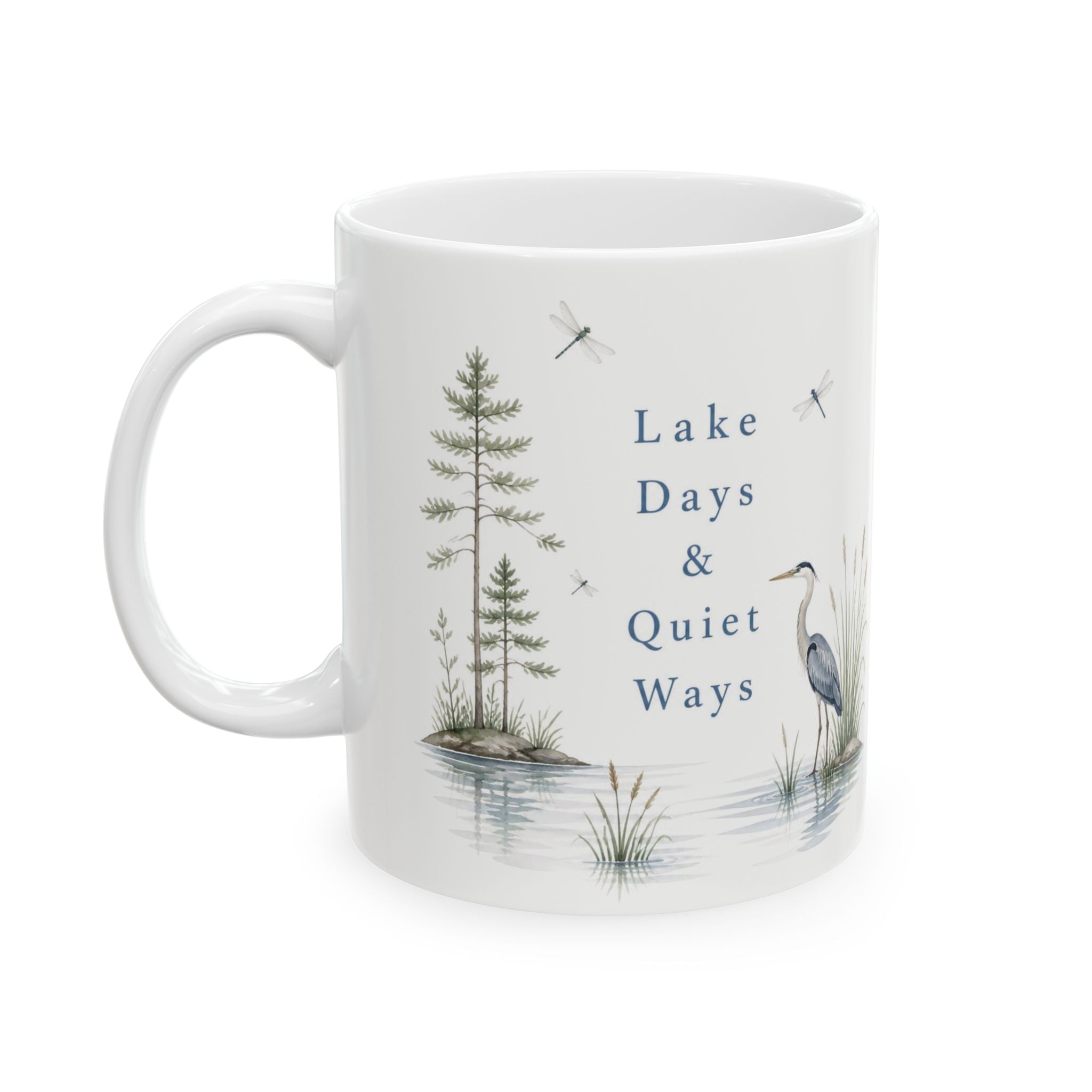 Lakefront Wildlife Ceramic Mug — Heron & Pines Nature Coffee Cup (11oz, 15oz)