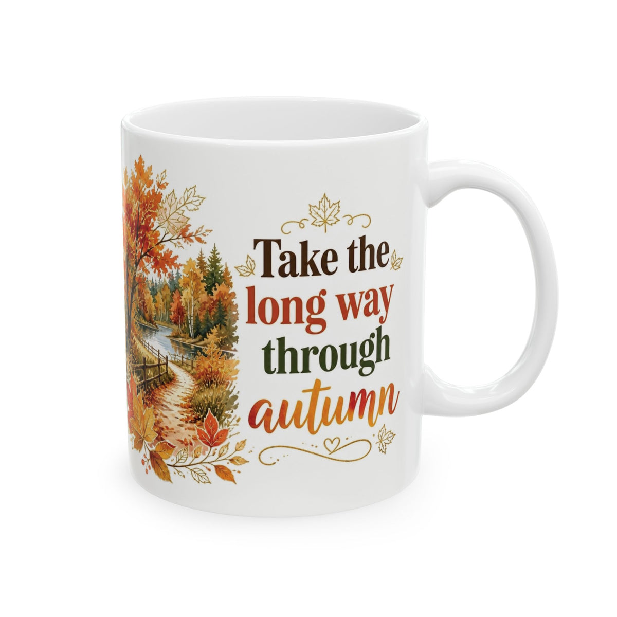 11 oz autumn coffee mug with watercolor tree artwork
