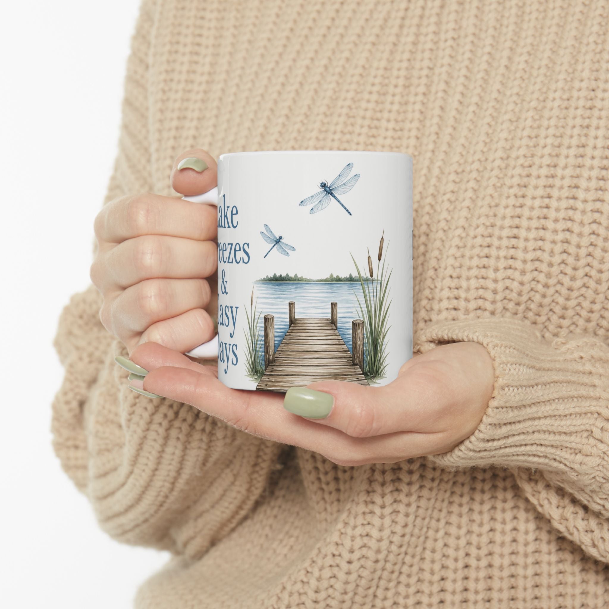 Lake Breezes & Easy Days Ceramic Mug — Lakeside Dock Scene Coffee Cup (11oz/15oz)