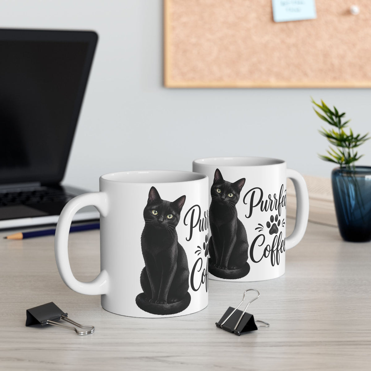 "Purrfect Coffee" Black Cat Ceramic Mug - Cozy Aesthetic Paw Print Coffee Cup, Cat Mom Gift 11oz