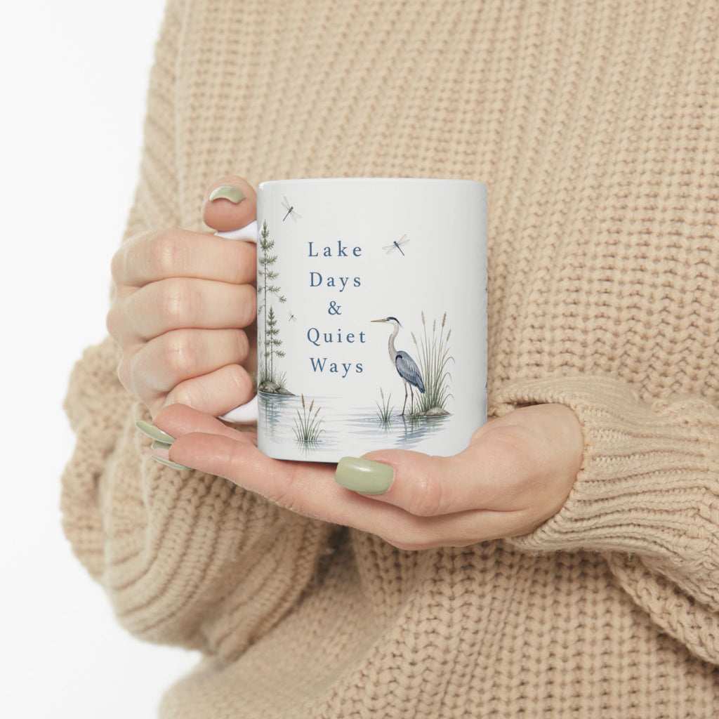 Lakefront Wildlife Ceramic Mug — Heron & Pines Nature Coffee Cup (11oz, 15oz)