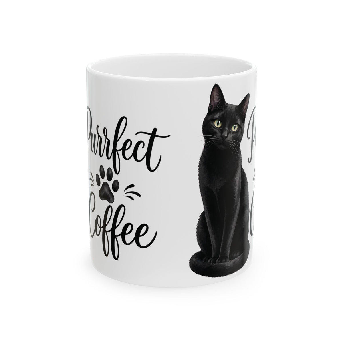 "Purrfect Coffee" Black Cat Ceramic Mug - Cozy Aesthetic Paw Print Coffee Cup, Cat Mom Gift 11oz