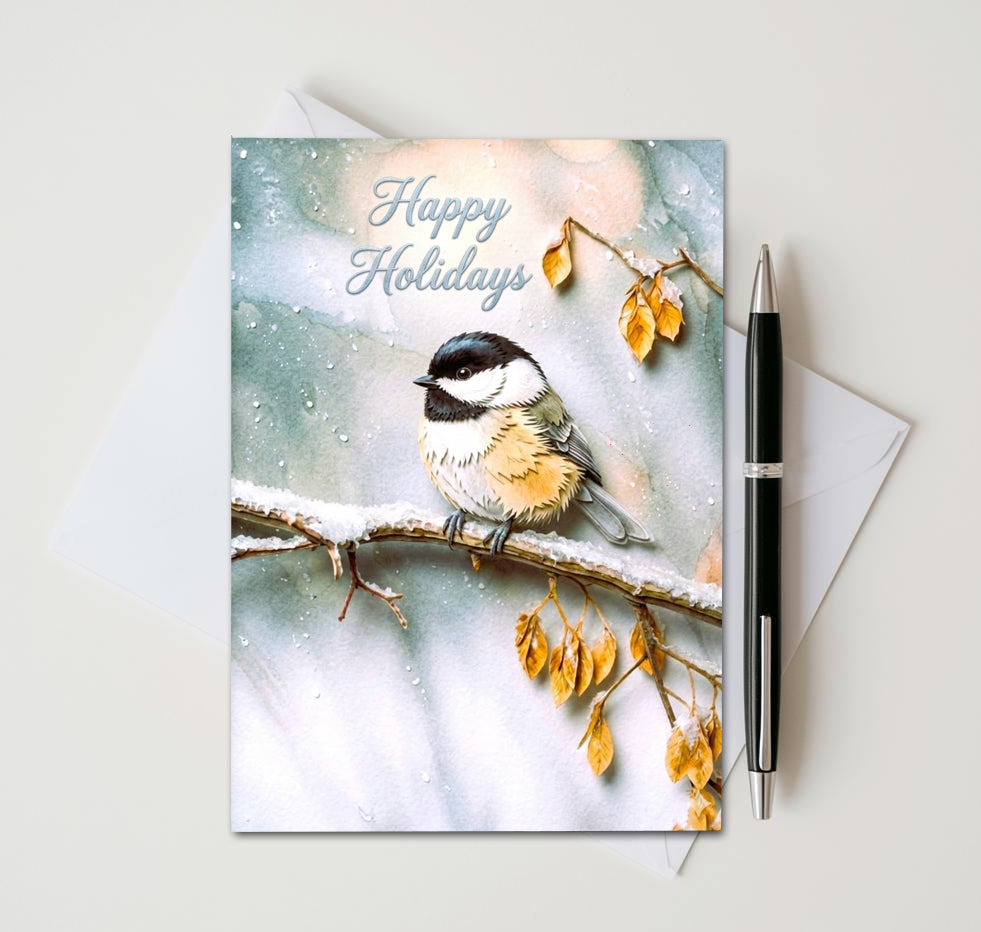 Happy Holidays chickadee card with falling snow and golden leaves, beside an envelope and pen
