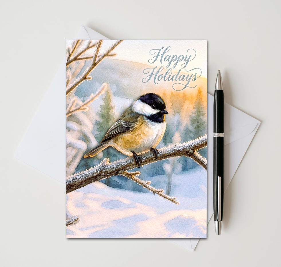Happy Holidays chickadee card with snowy branch and sunset forest, beside an envelope and pen
