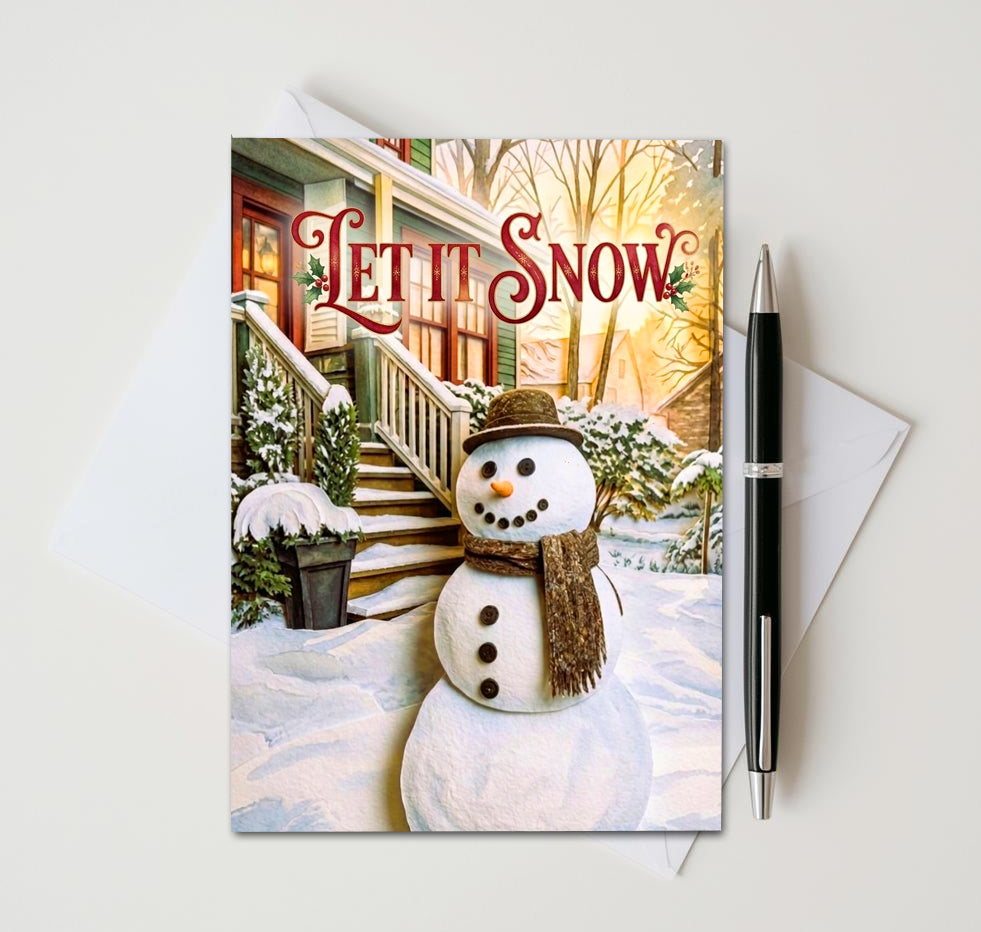 Let It Snow card with snowman in a brown hat and scarf beside snowy porch steps
