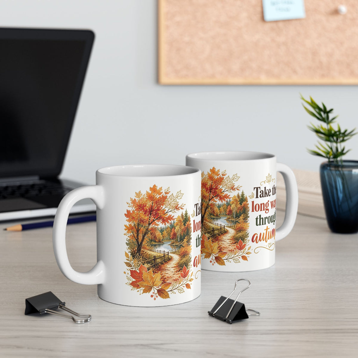 Autumn-themed mug with comfortable C-handle
