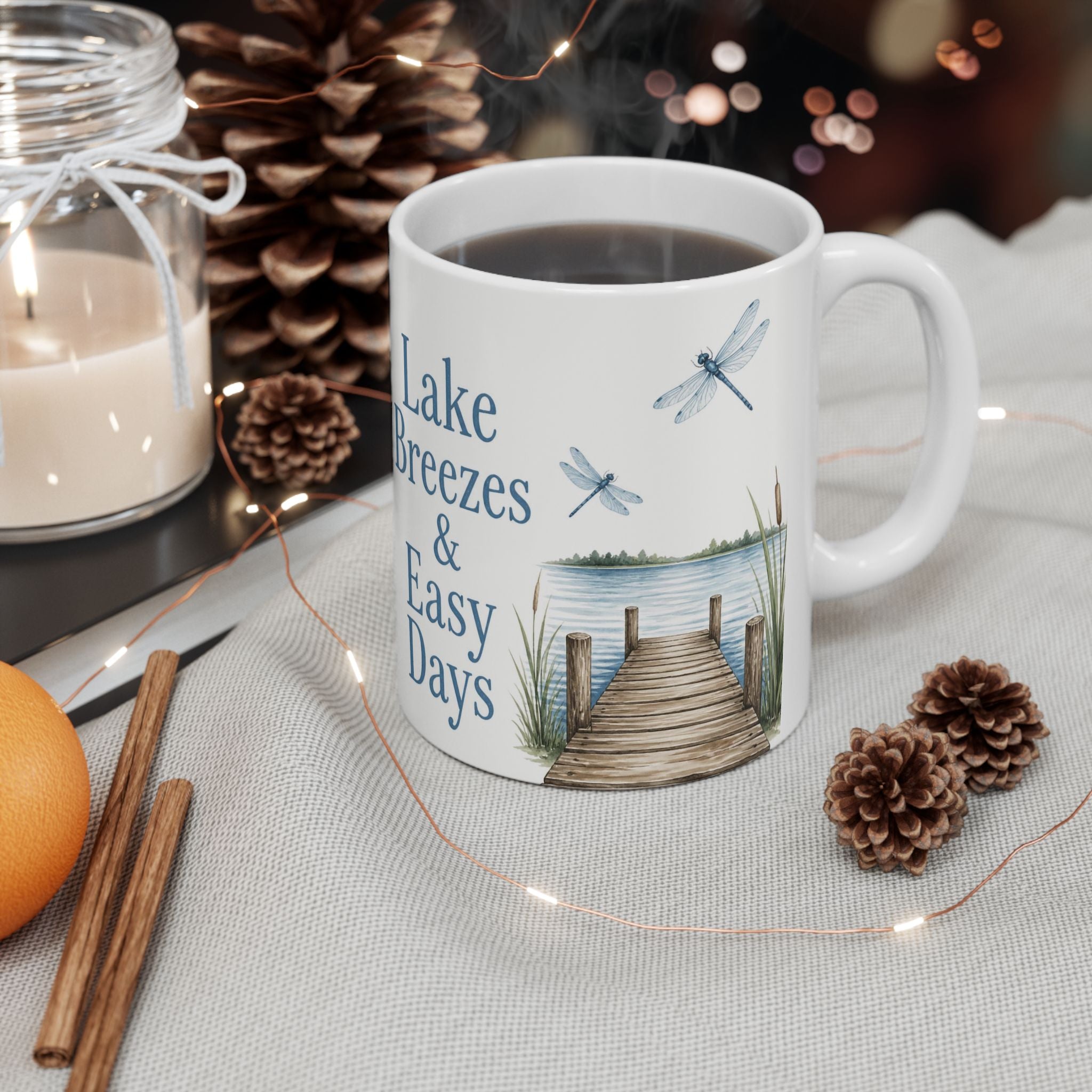 Lake Breezes & Easy Days Ceramic Mug — Lakeside Dock Scene Coffee Cup (11oz/15oz)