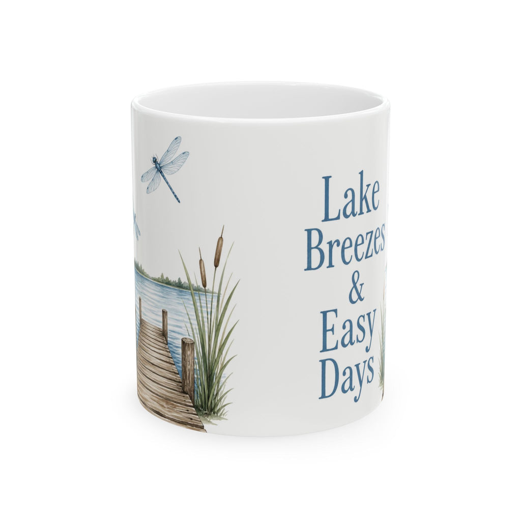 Lake Breezes & Easy Days Ceramic Mug — Lakeside Dock Scene Coffee Cup (11oz/15oz)