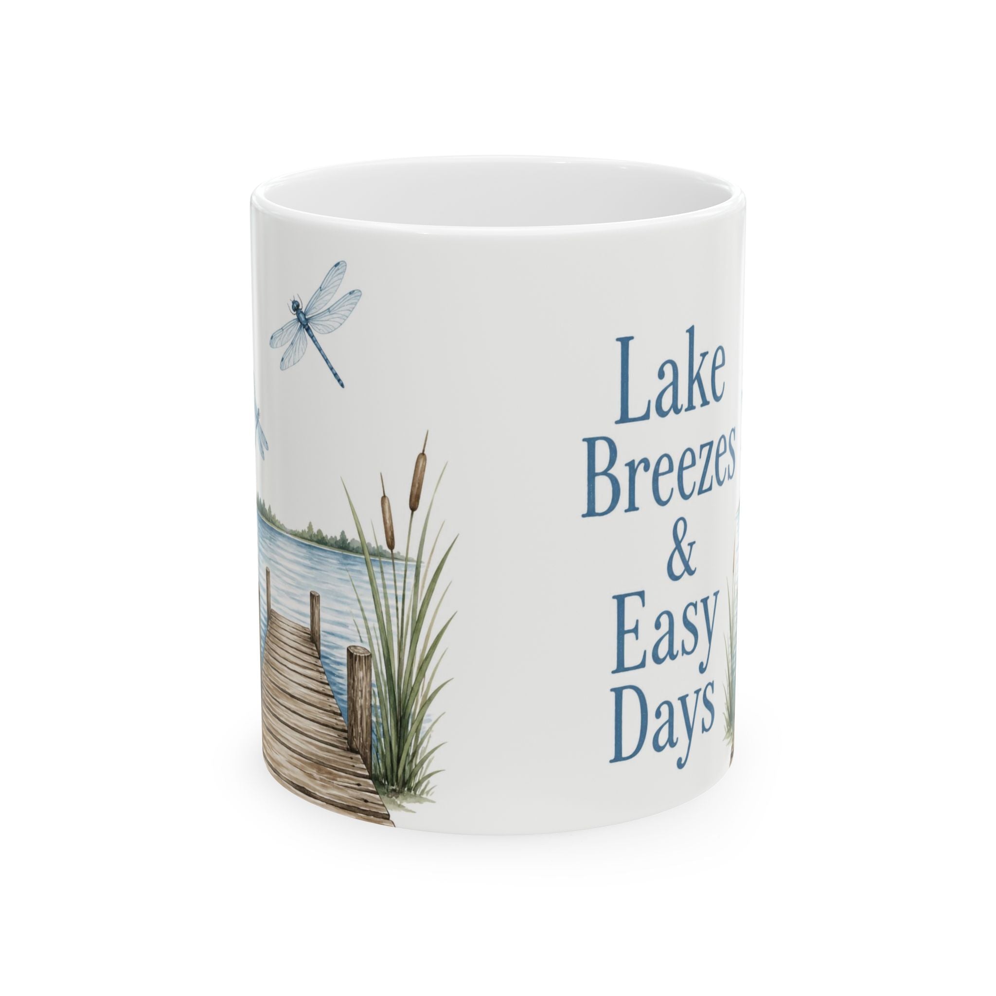 Lake Breezes & Easy Days Ceramic Mug — Lakeside Dock Scene Coffee Cup (11oz/15oz)