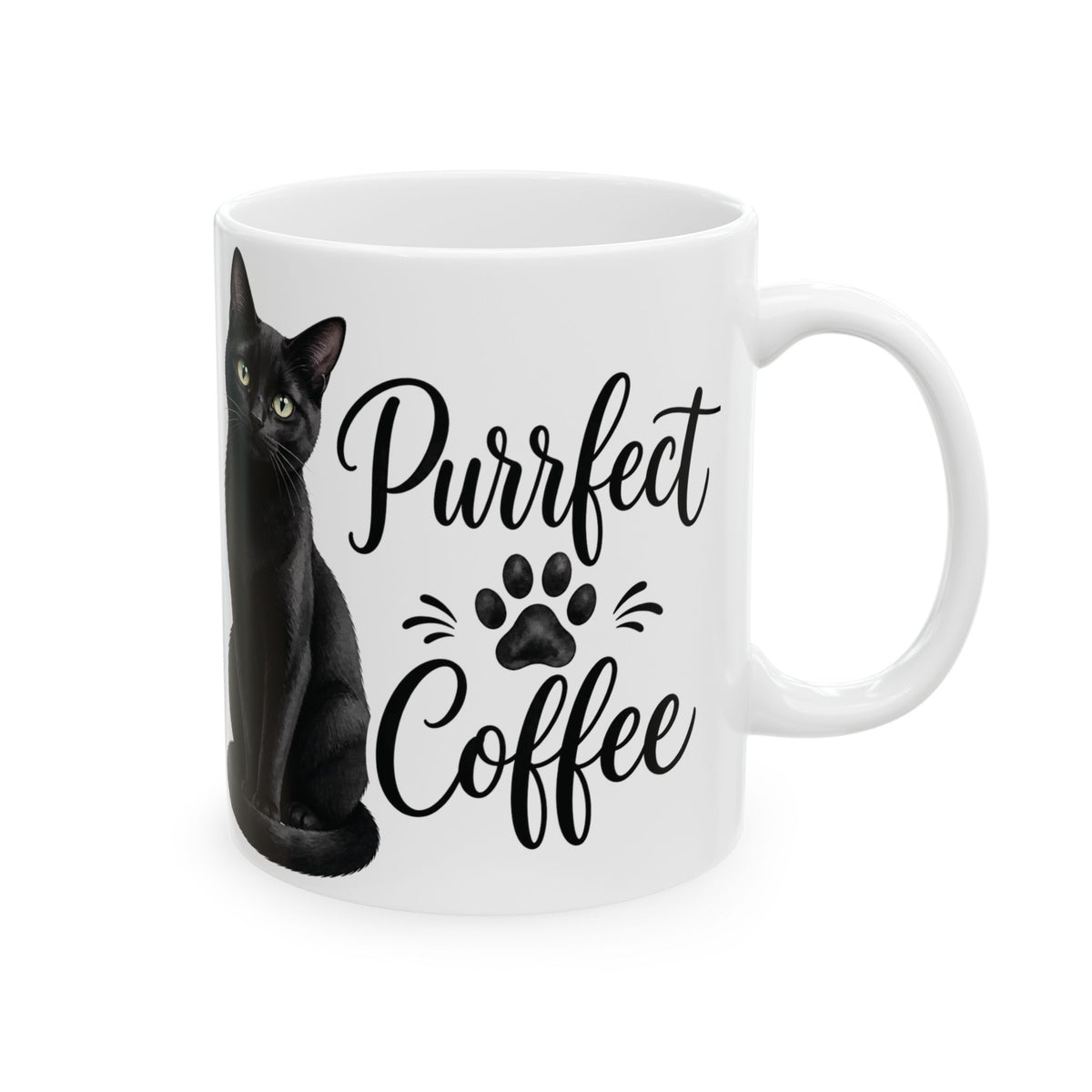 "Purrfect Coffee" Black Cat Ceramic Mug - Cozy Aesthetic Paw Print Coffee Cup, Cat Mom Gift 11oz