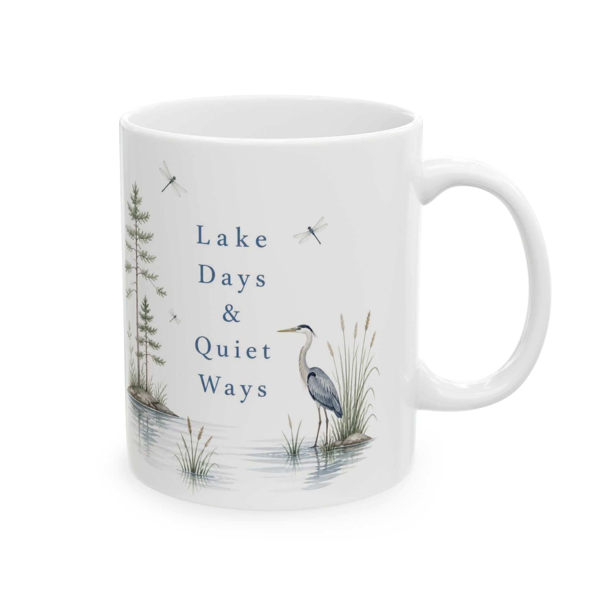 Lakefront Wildlife Ceramic Mug — Heron & Pines Nature Coffee Cup (11oz, 15oz)