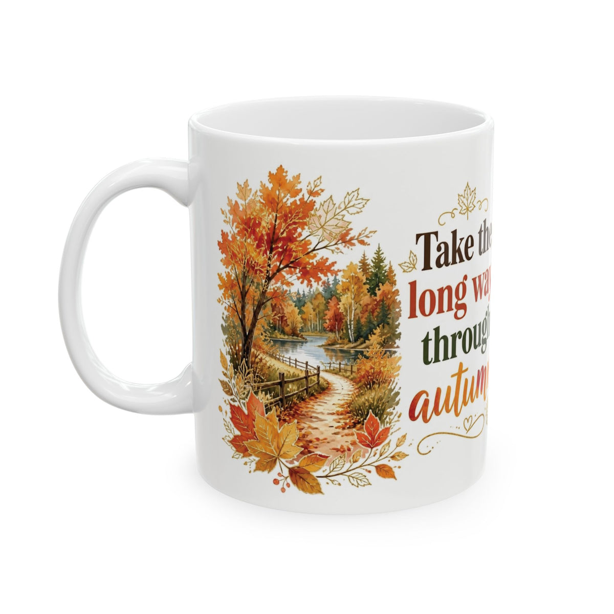 White ceramic fall mug for coffee or tea
