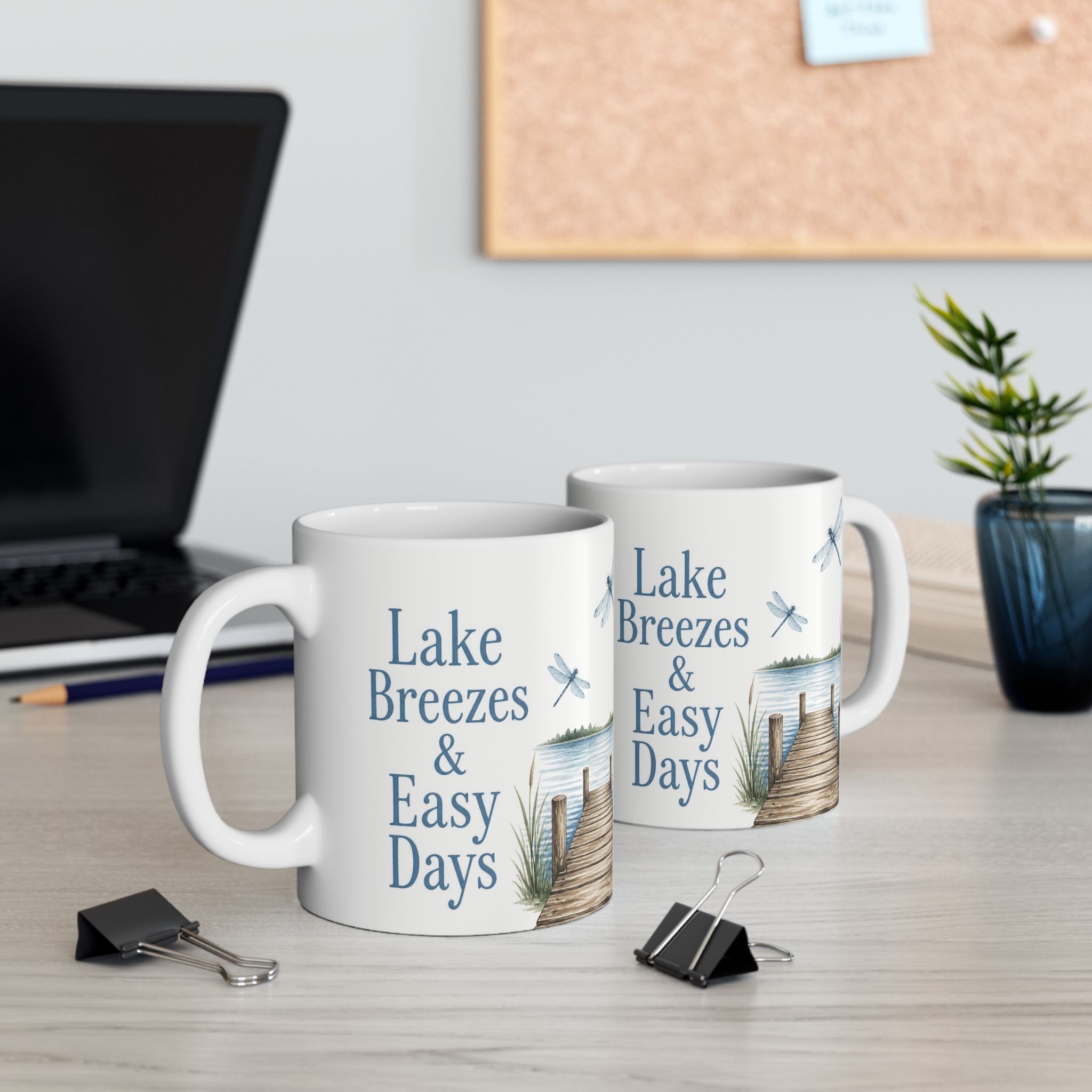 Lake Breezes & Easy Days Ceramic Mug — Lakeside Dock Scene Coffee Cup (11oz/15oz)