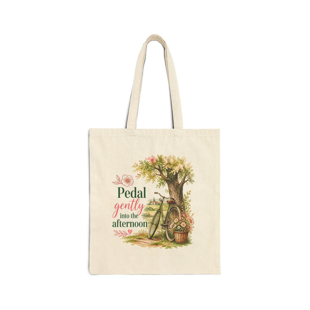 Cotton market tote featuring a countryside bicycle design
