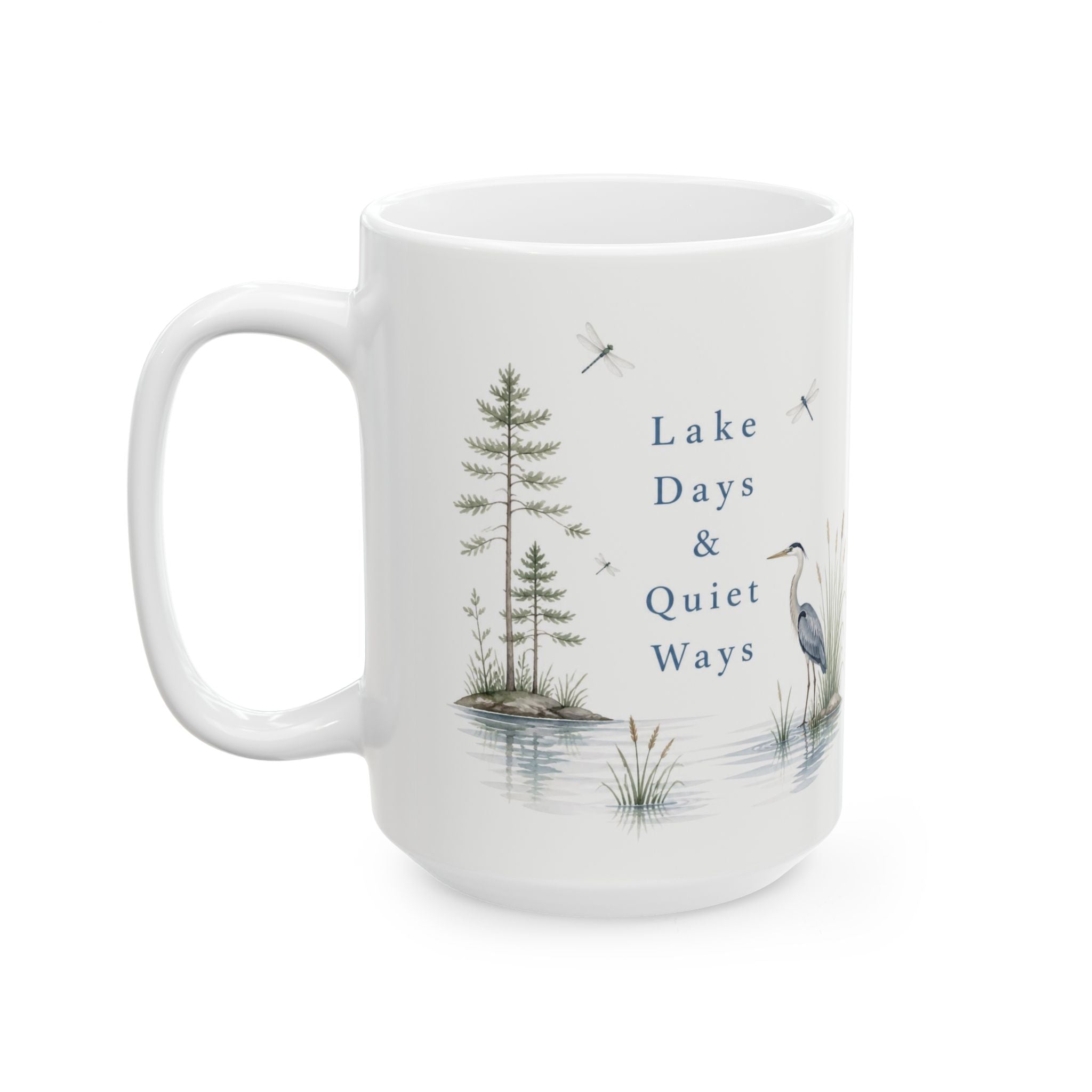 Lakefront Wildlife Ceramic Mug — Heron & Pines Nature Coffee Cup (11oz, 15oz)