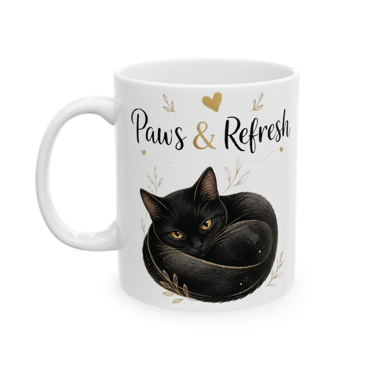 "Paws & Refresh" Cute Cat Ceramic Coffee Mug - Cozy Black Cat Aesthetic Tea Cup, Cat Mom Gift 11oz