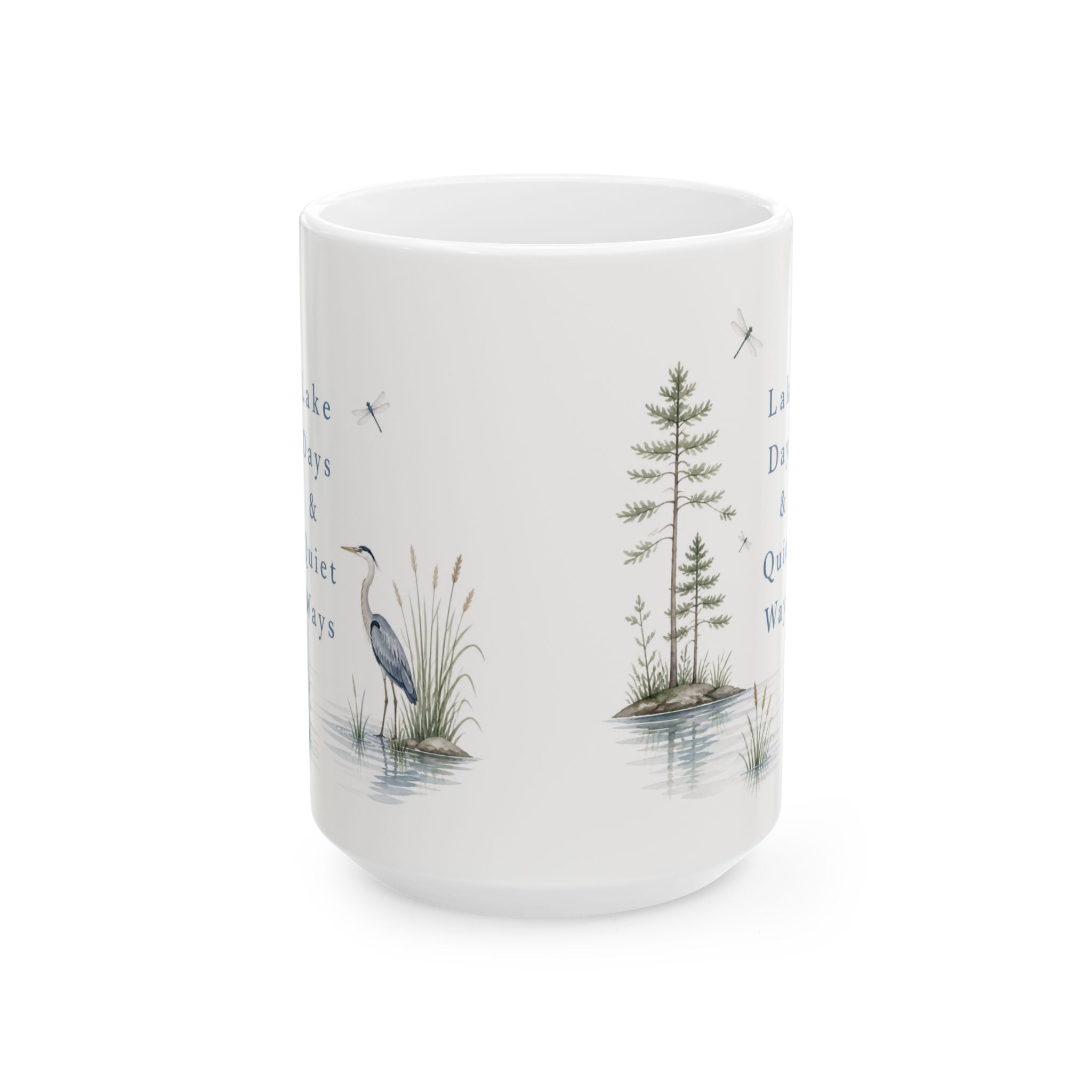 Lakefront Wildlife Ceramic Mug — Heron & Pines Nature Coffee Cup (11oz, 15oz)