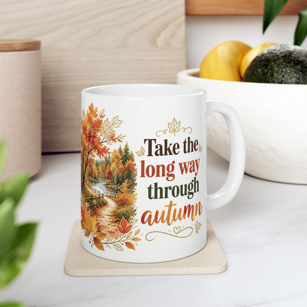 Fall coffee cup with orange and gold watercolor trees

