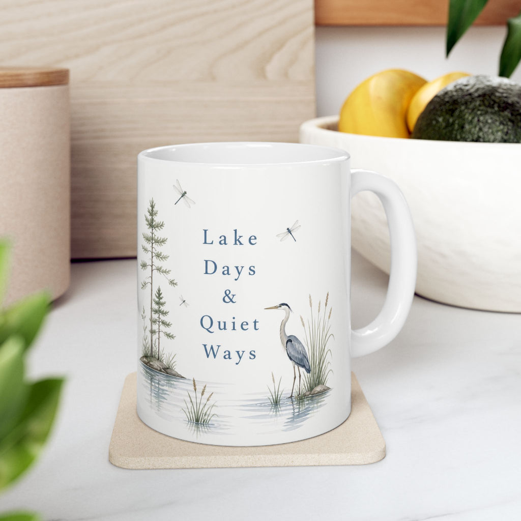 Lakefront Wildlife Ceramic Mug — Heron & Pines Nature Coffee Cup (11oz, 15oz)