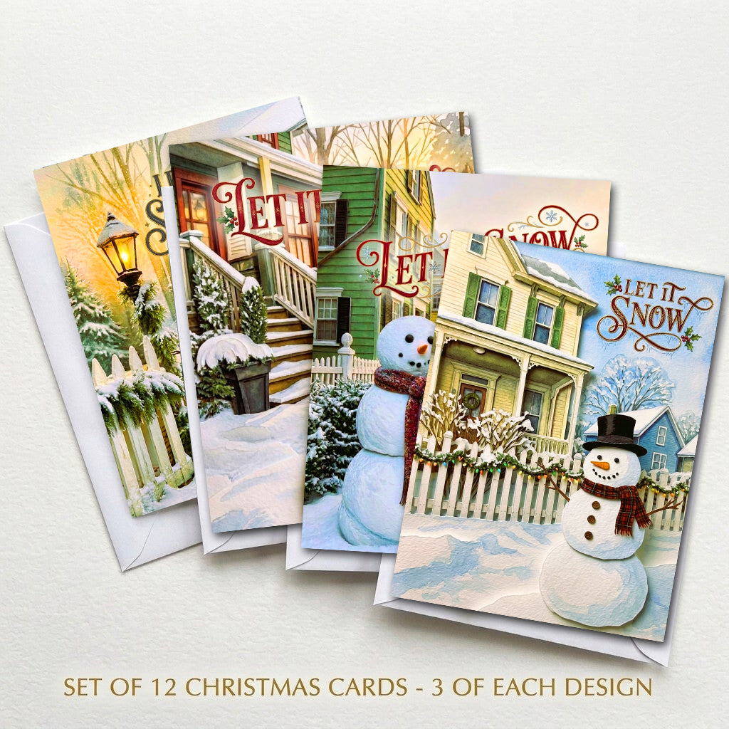 Set of 12 Let It Snow Christmas cards with four snowman and winter village designs and white envelopes
