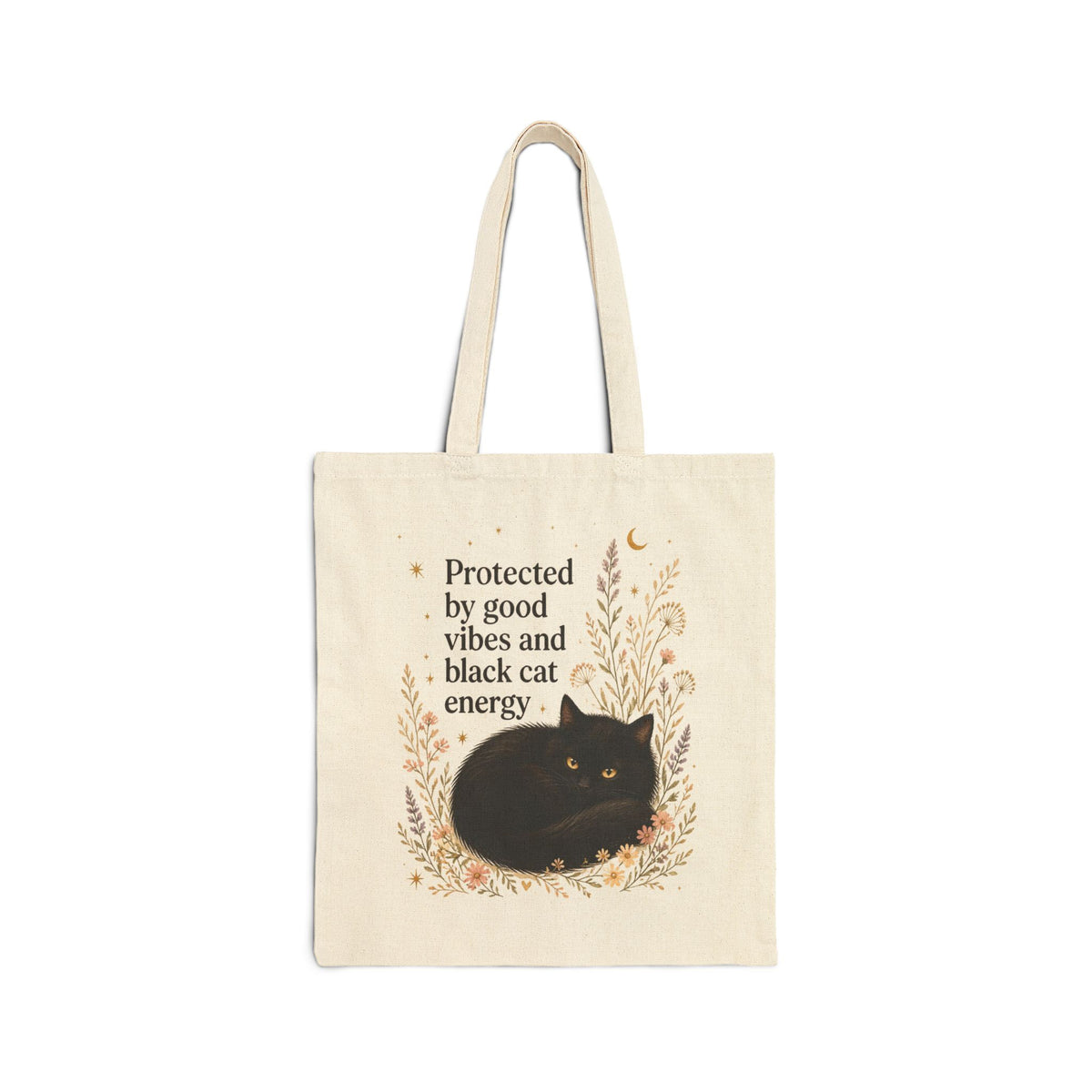Cozy Black Cat Canvas Tote Bag - "Protected by Good Vibes & Black Cat Energy" Aesthetic Shoulder Bag