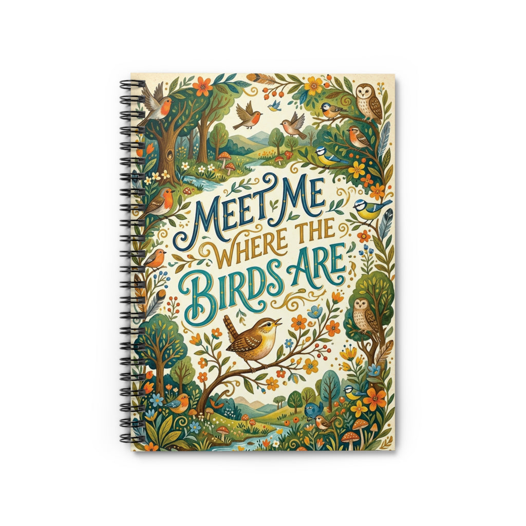 Botanical Bird Spiral Notebook - "Meet Me Where The Birds Are" Ruled Line Journal