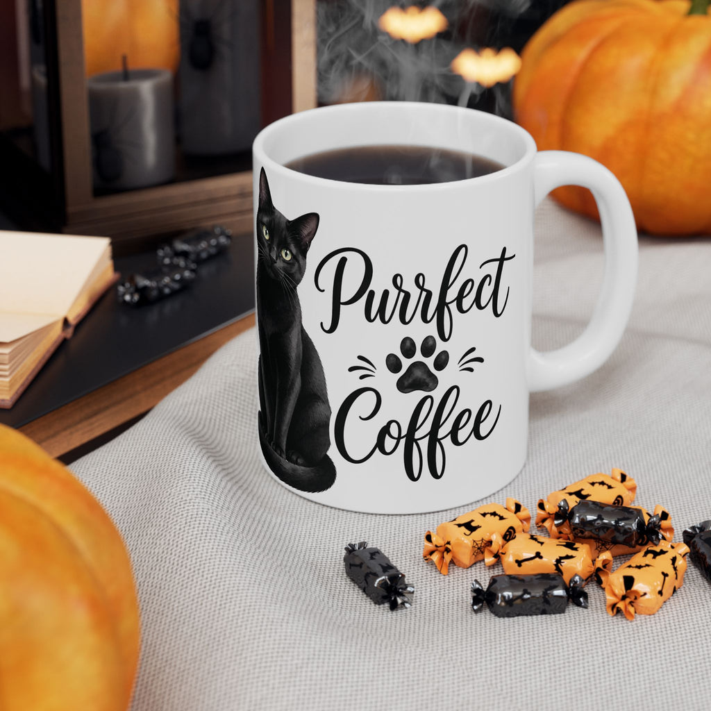 "Purrfect Coffee" Black Cat Ceramic Mug - Cozy Aesthetic Paw Print Coffee Cup, Cat Mom Gift 11oz