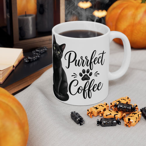 "Purrfect Coffee" Black Cat Ceramic Mug - Cozy Aesthetic Paw Print Coffee Cup, Cat Mom Gift 11oz