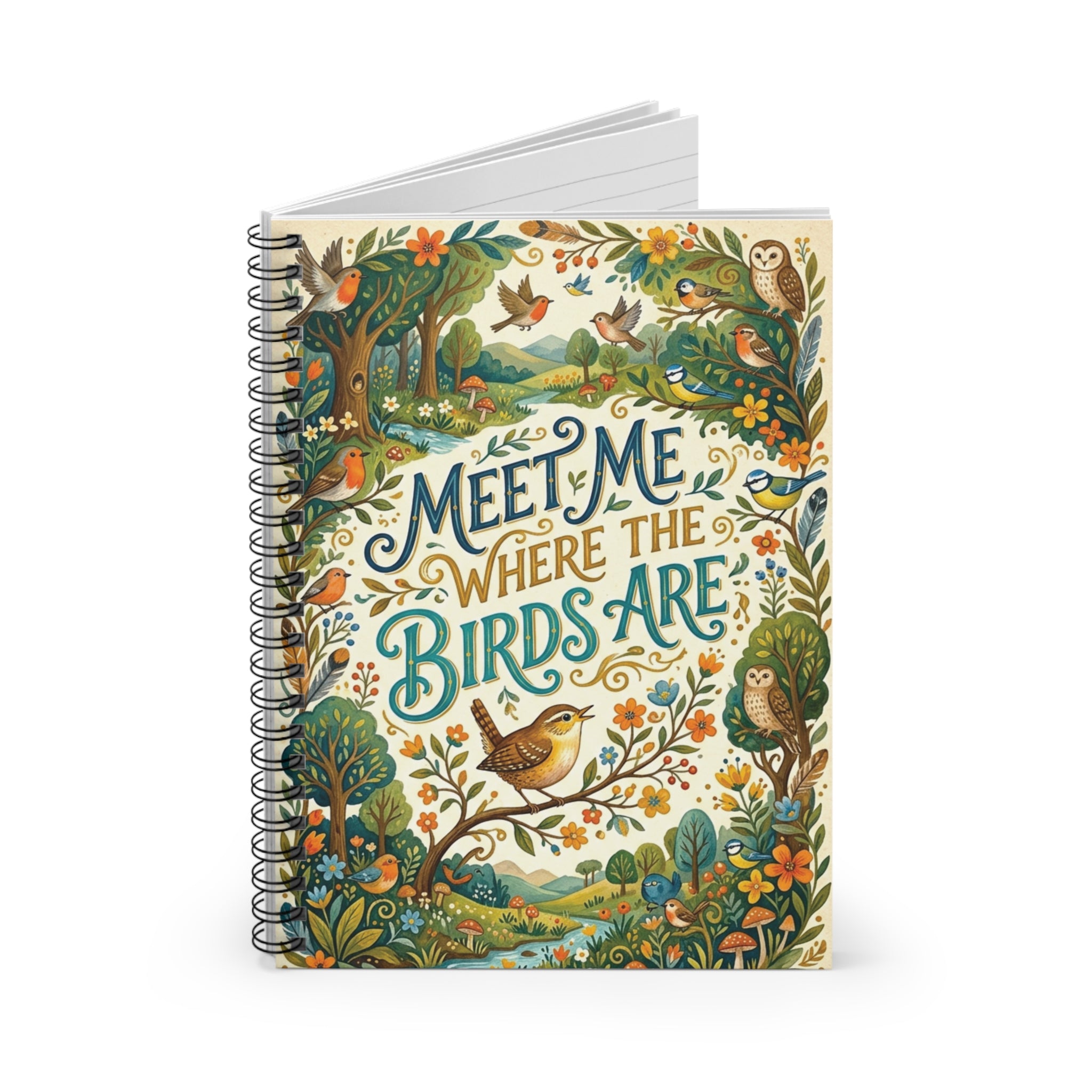 Botanical Bird Spiral Notebook - "Meet Me Where The Birds Are" Ruled Line Journal
