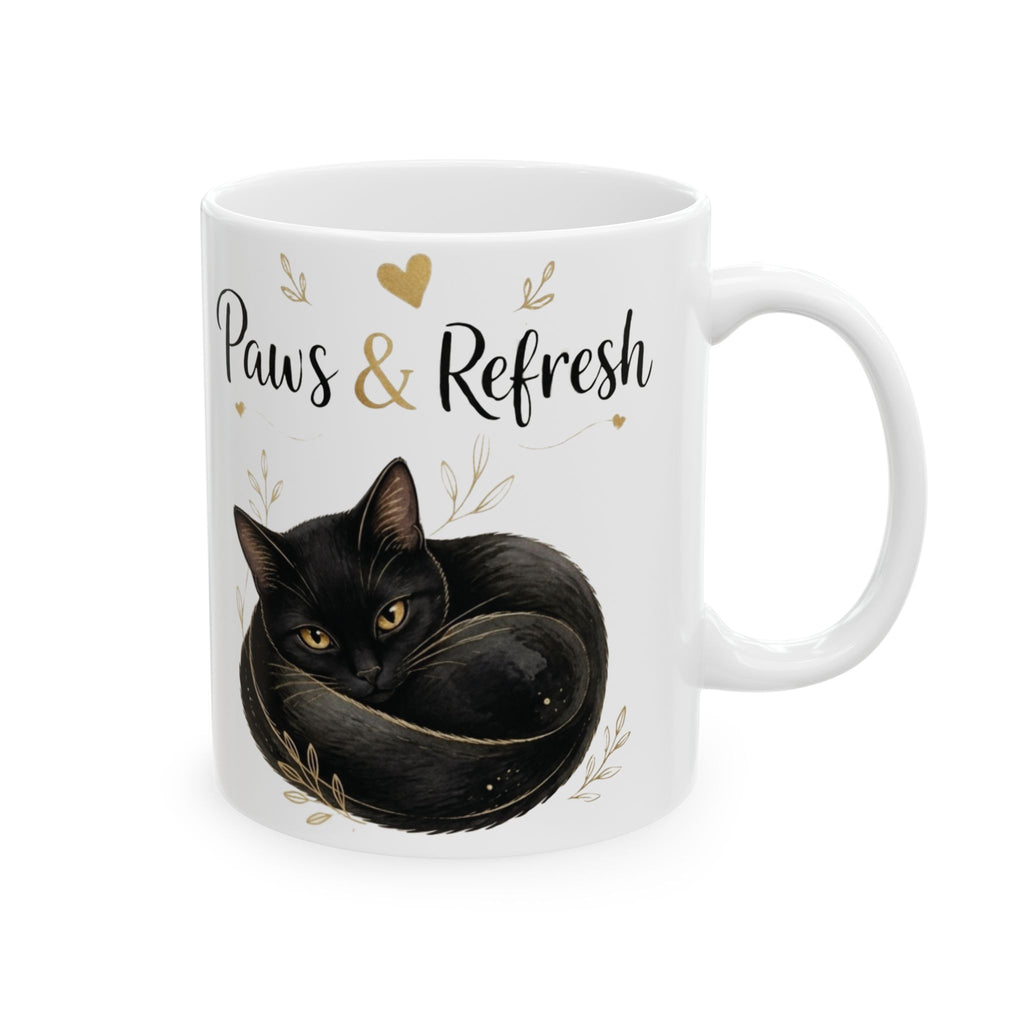 "Paws & Refresh" Cute Cat Ceramic Coffee Mug - Cozy Black Cat Aesthetic Tea Cup, Cat Mom Gift 11oz