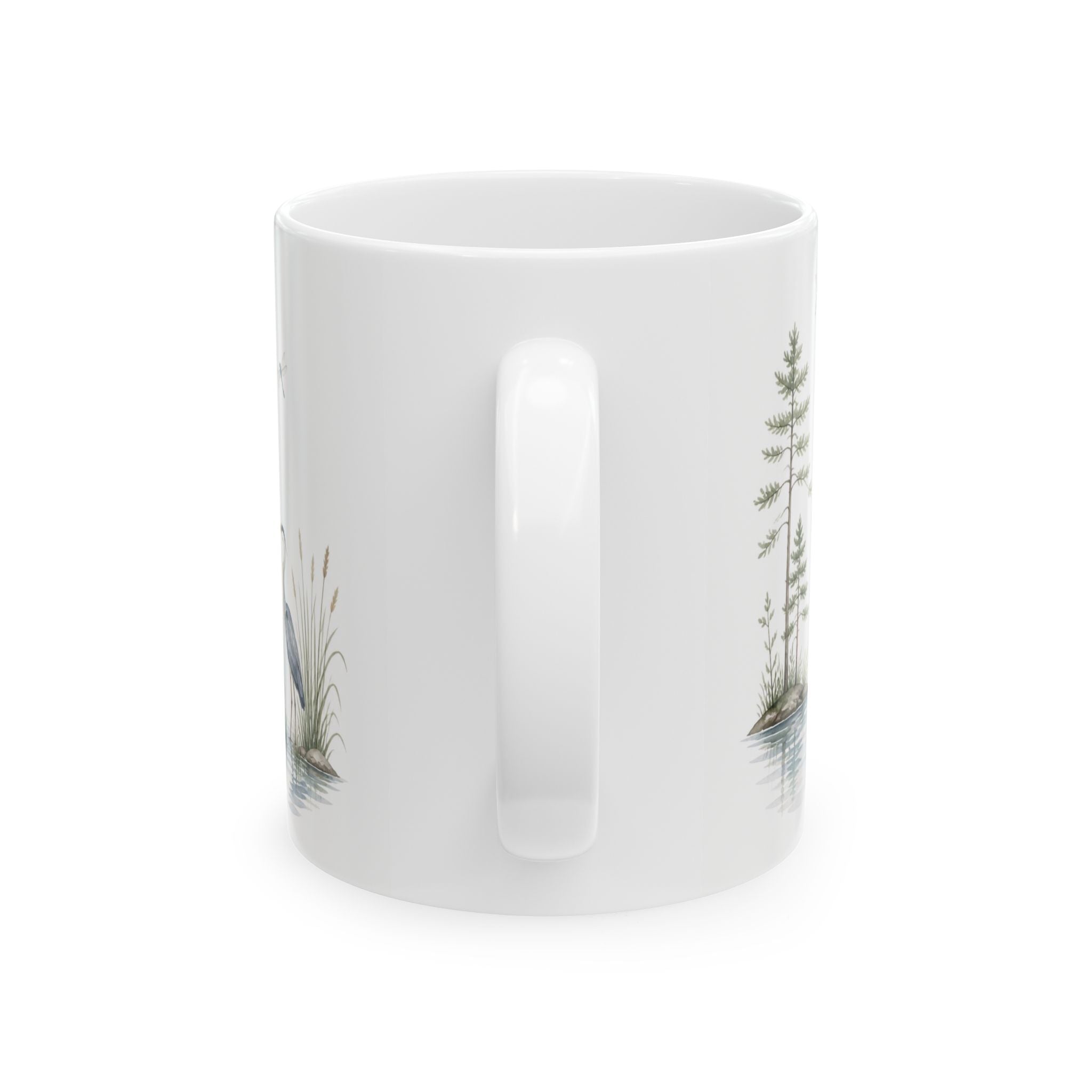 Lakefront Wildlife Ceramic Mug — Heron & Pines Nature Coffee Cup (11oz, 15oz)