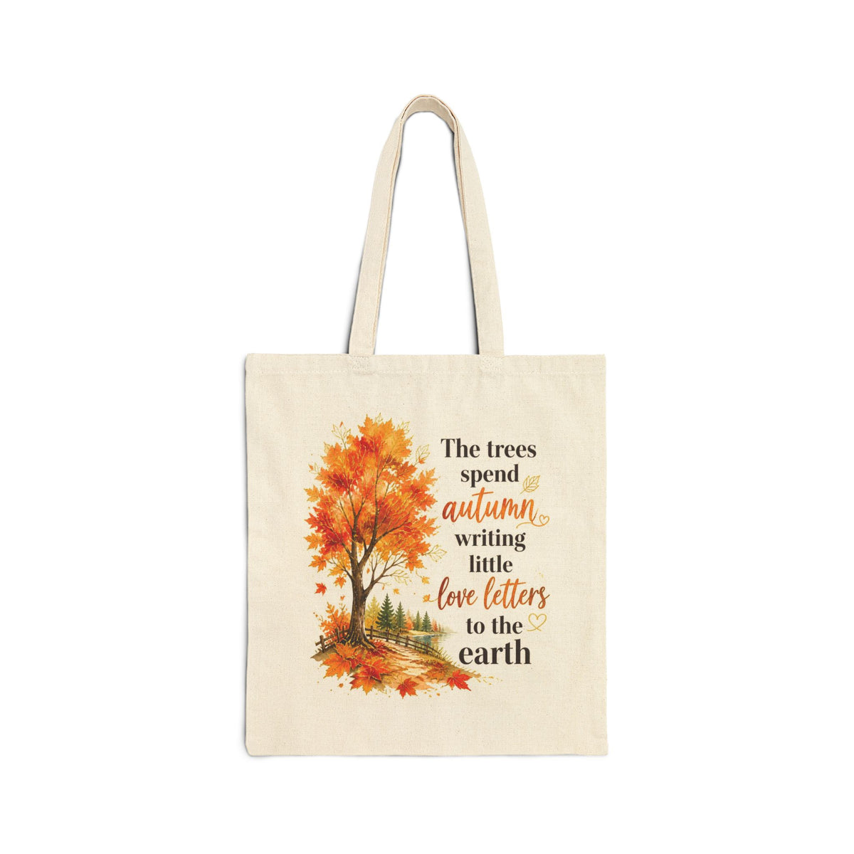 Natural cotton tote with poetic autumn tree artwork

