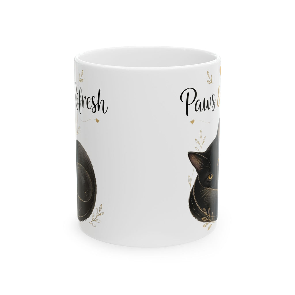 "Paws & Refresh" Cute Cat Ceramic Coffee Mug - Cozy Black Cat Aesthetic Tea Cup, Cat Mom Gift 11oz