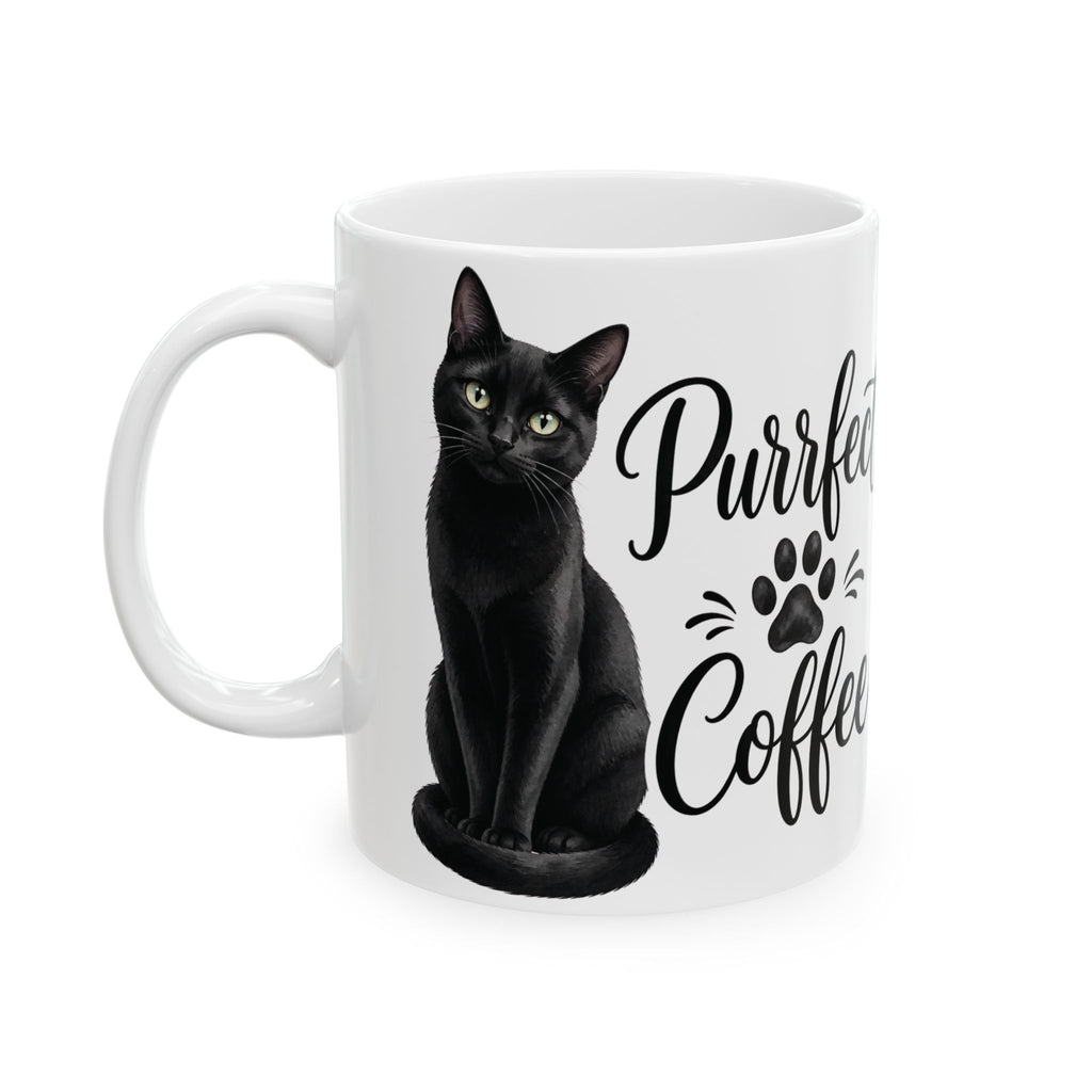 "Purrfect Coffee" Black Cat Ceramic Mug - Cozy Aesthetic Paw Print Coffee Cup, Cat Mom Gift 11oz