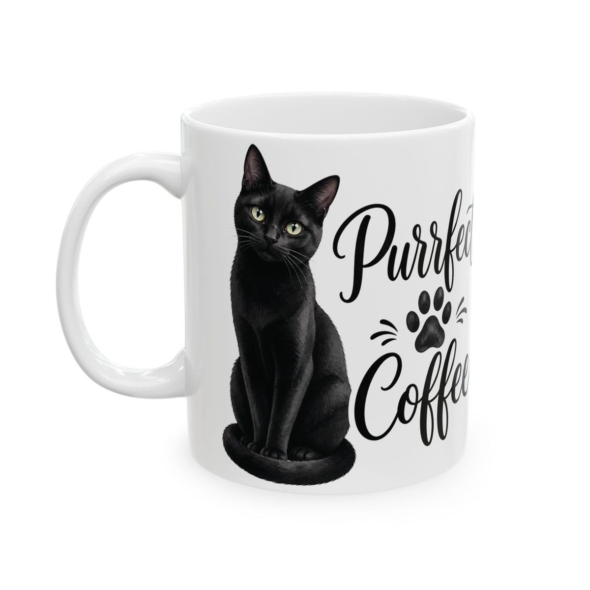 "Purrfect Coffee" Black Cat Ceramic Mug - Cozy Aesthetic Paw Print Coffee Cup, Cat Mom Gift 11oz