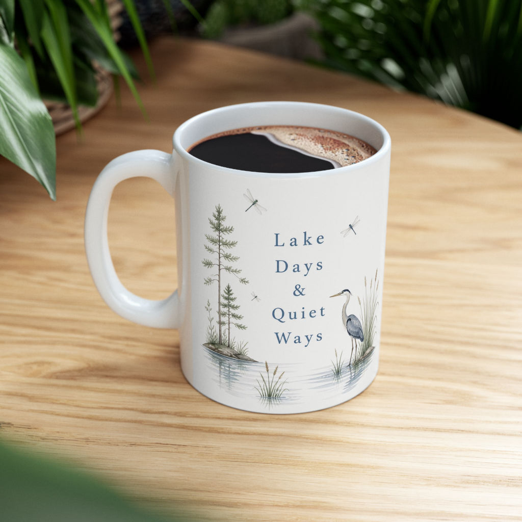 Lakefront Wildlife Ceramic Mug — Heron & Pines Nature Coffee Cup (11oz, 15oz)