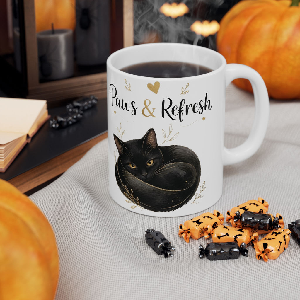 "Paws & Refresh" Cute Cat Ceramic Coffee Mug - Cozy Black Cat Aesthetic Tea Cup, Cat Mom Gift 11oz