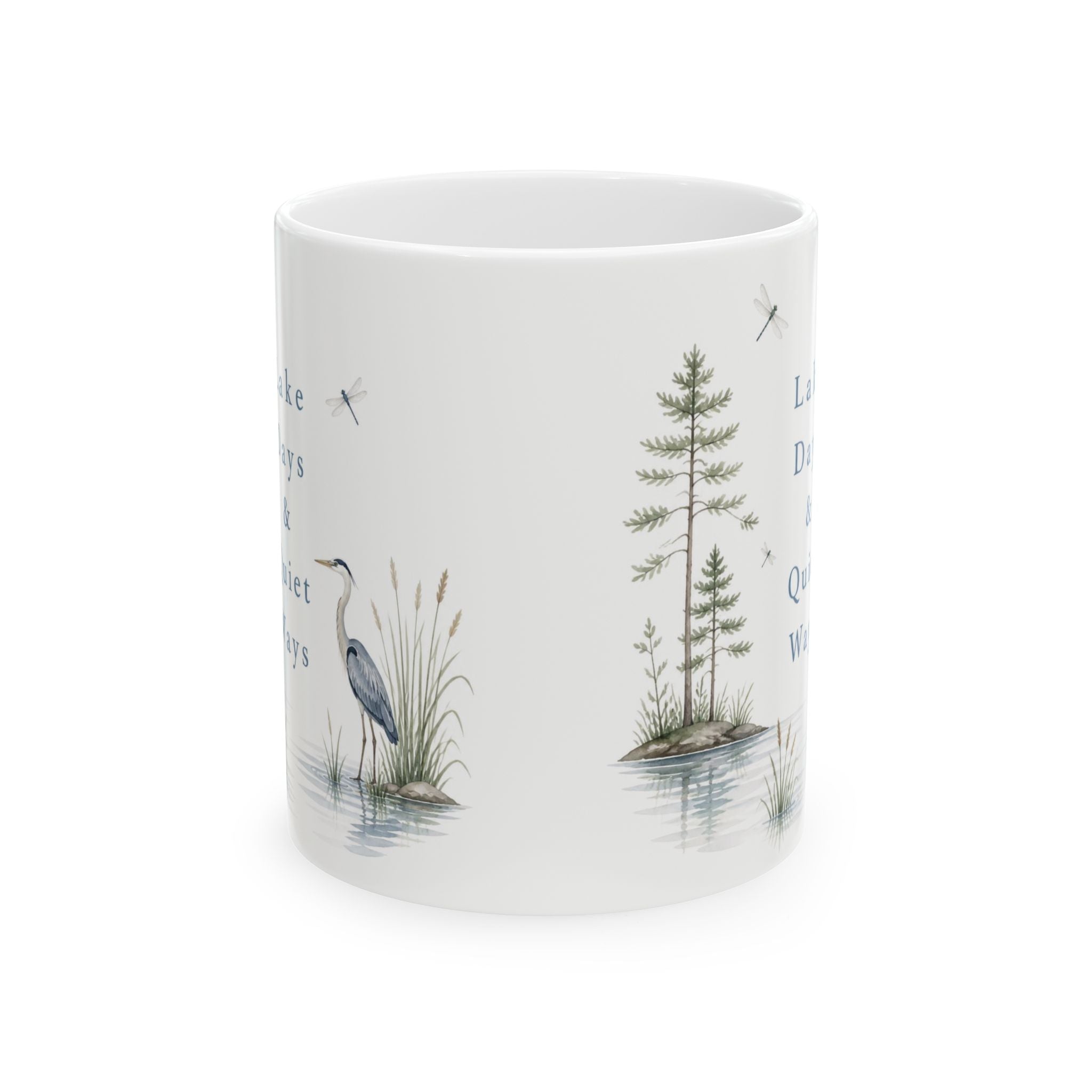 Lakefront Wildlife Ceramic Mug — Heron & Pines Nature Coffee Cup (11oz, 15oz)