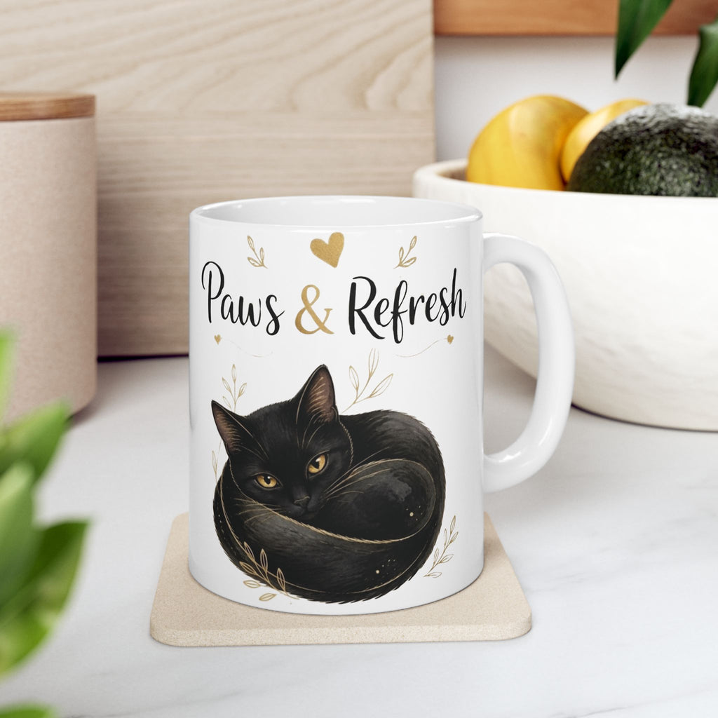 "Paws & Refresh" Cute Cat Ceramic Coffee Mug - Cozy Black Cat Aesthetic Tea Cup, Cat Mom Gift 11oz