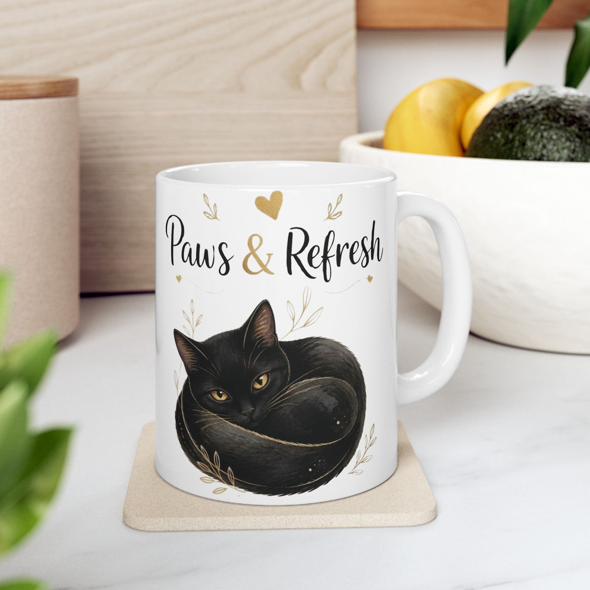 "Paws & Refresh" Cute Cat Ceramic Coffee Mug - Cozy Black Cat Aesthetic Tea Cup, Cat Mom Gift 11oz