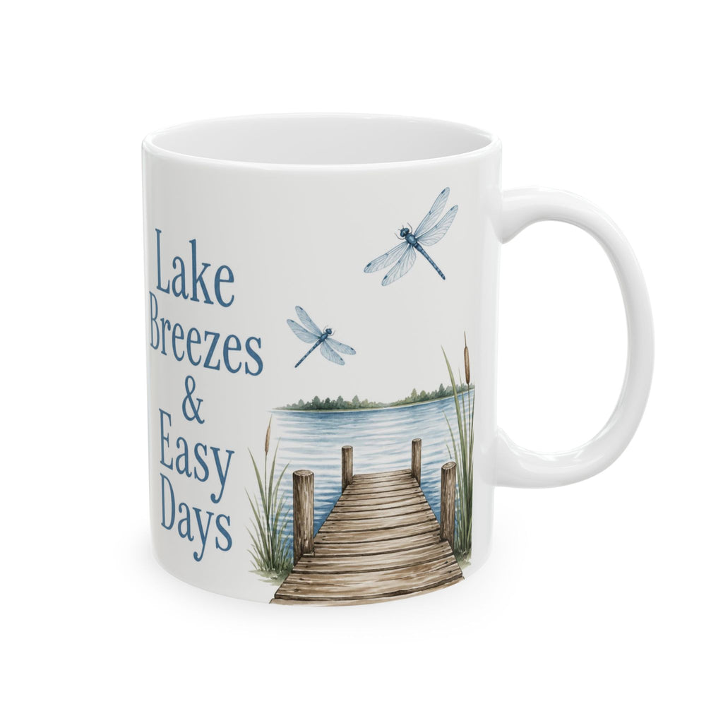 Lake Breezes & Easy Days Ceramic Mug — Lakeside Dock Scene Coffee Cup (11oz/15oz)