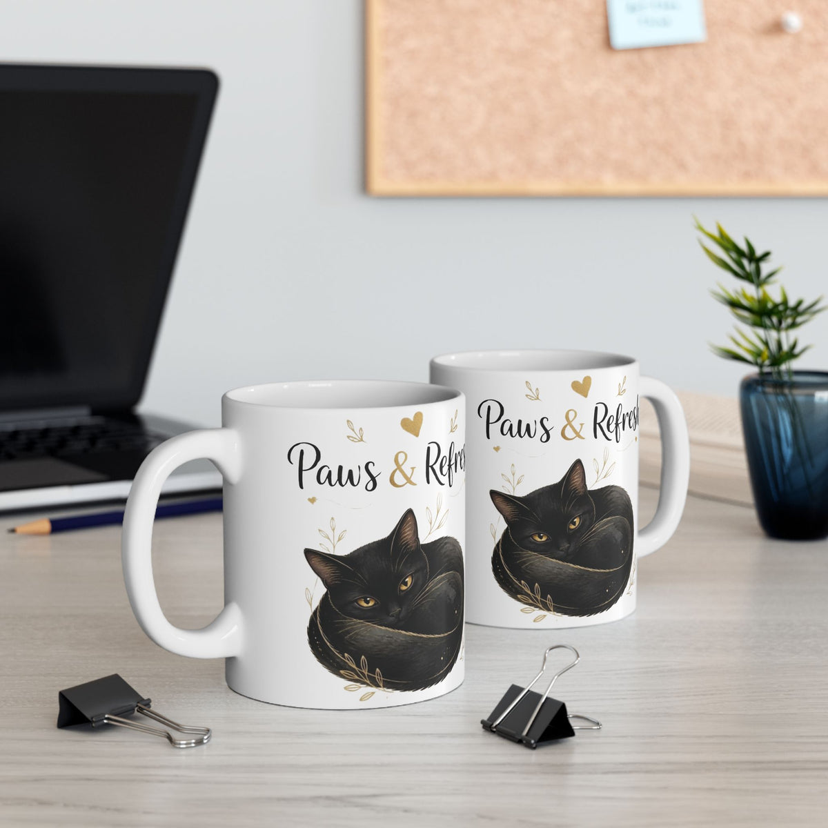 "Paws & Refresh" Cute Cat Ceramic Coffee Mug - Cozy Black Cat Aesthetic Tea Cup, Cat Mom Gift 11oz