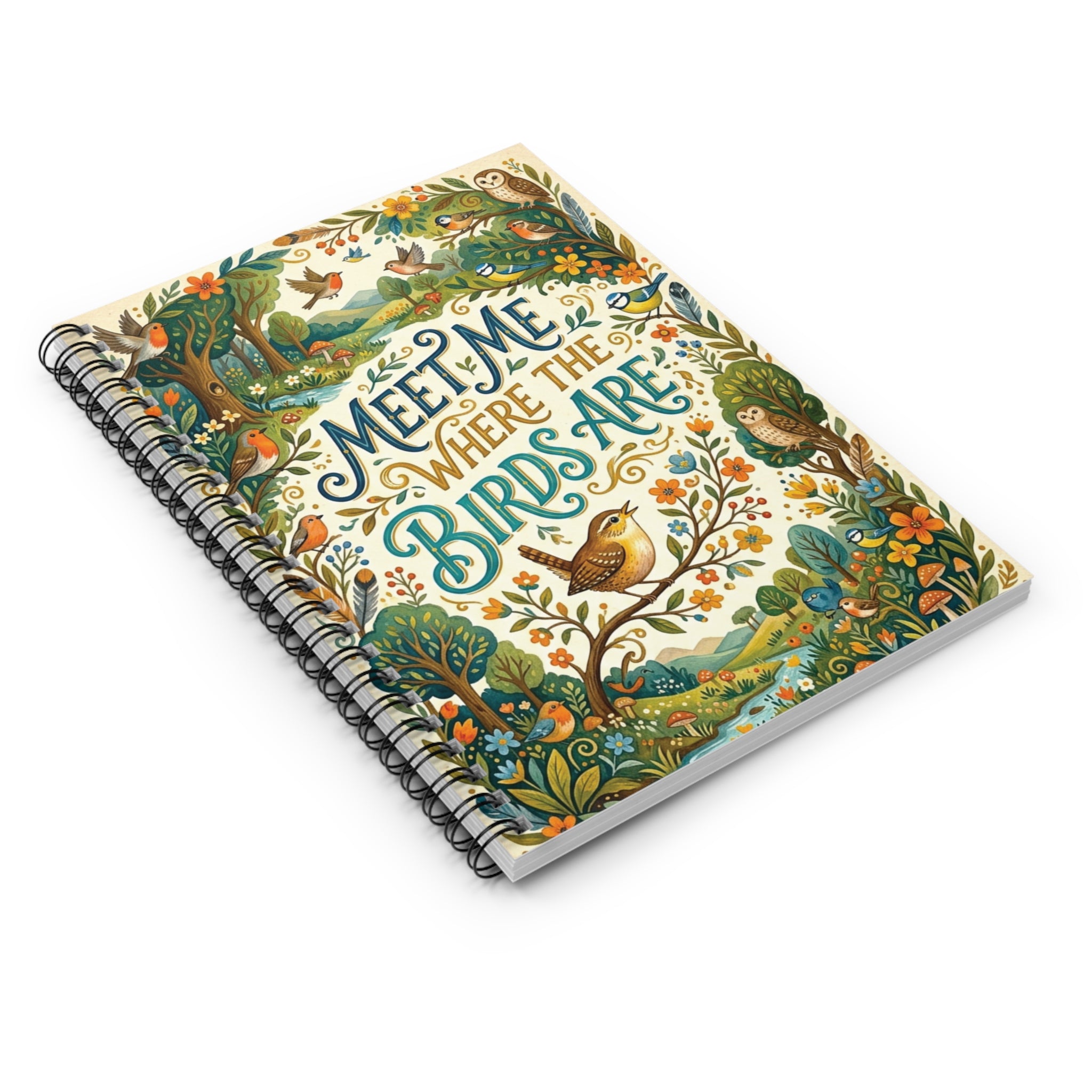 Botanical Bird Spiral Notebook - "Meet Me Where The Birds Are" Ruled Line Journal