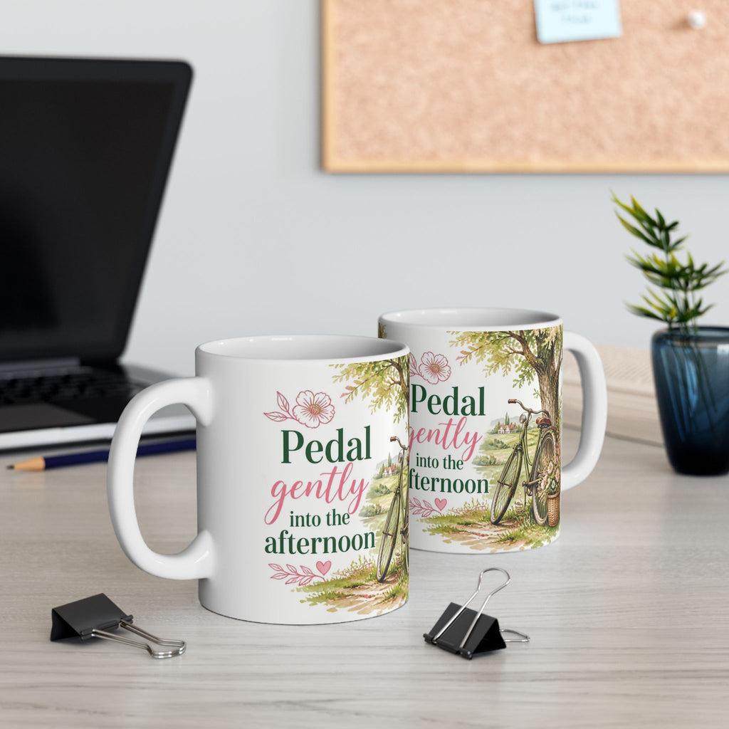 Mindful coffee mug with vintage bicycle and garden flowers
