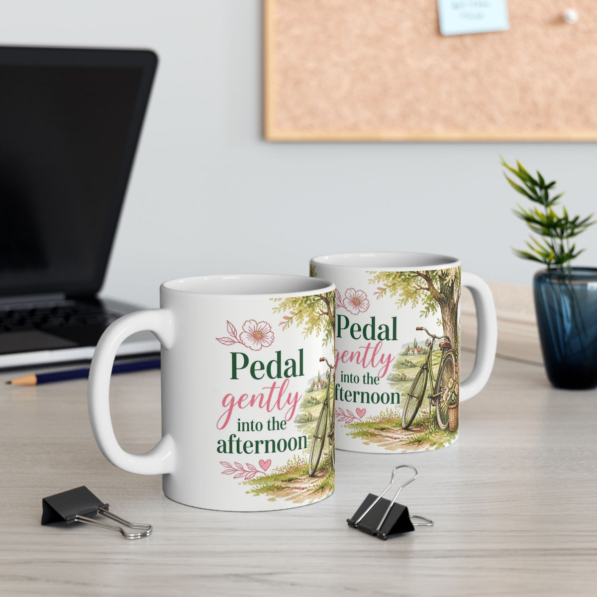 Mindful coffee mug with vintage bicycle and garden flowers
