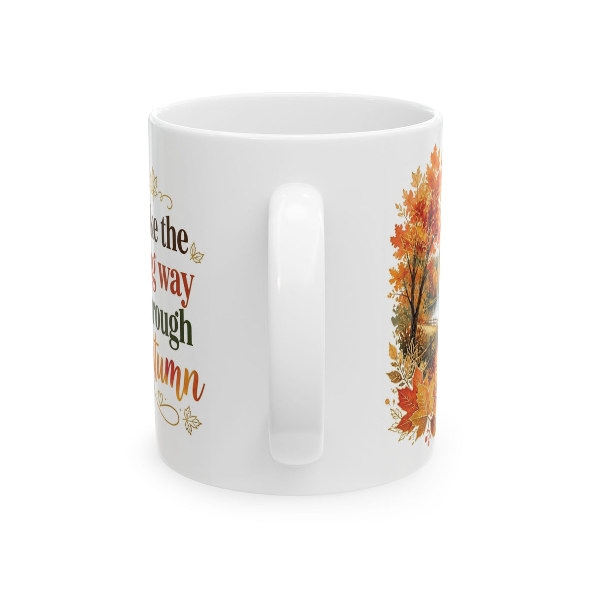 Autumn-themed mug with comfortable C-handle
